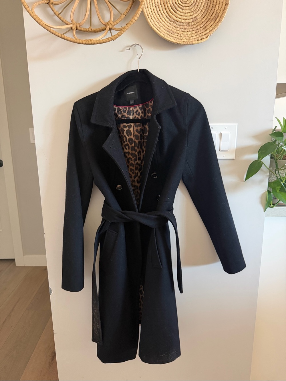 Wool Peacoat - Express Black Coat with Leopard Lining and Red Piping